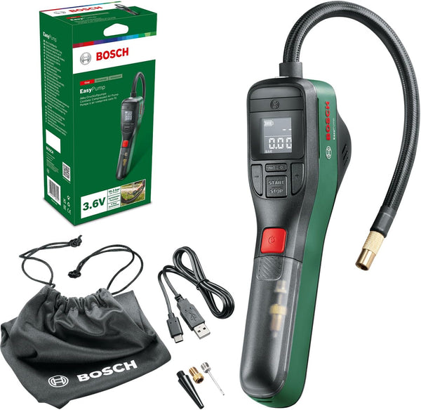Bosch Electric Bicycle Pump / Air Pump / Mini Compressor EasyPump (3.0 Ah Battery, 3.6 V, Automatic Stop Function, 150 PSI, 10.3 Bar, LED, Rechargeable via USB-C Cable, in Cardboard)